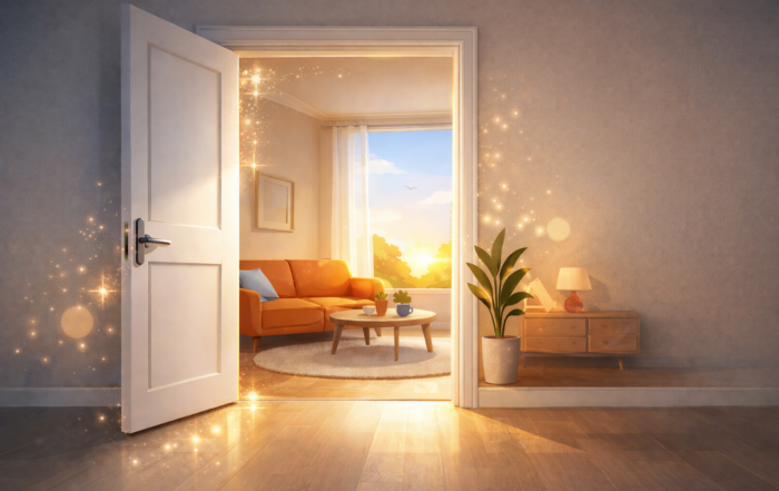 Offene Tür in ein sonniges Wohnzimmer als Symbol für Neuanfang und Selbstständigkeit – ABW Klaßen mit neuer Website online