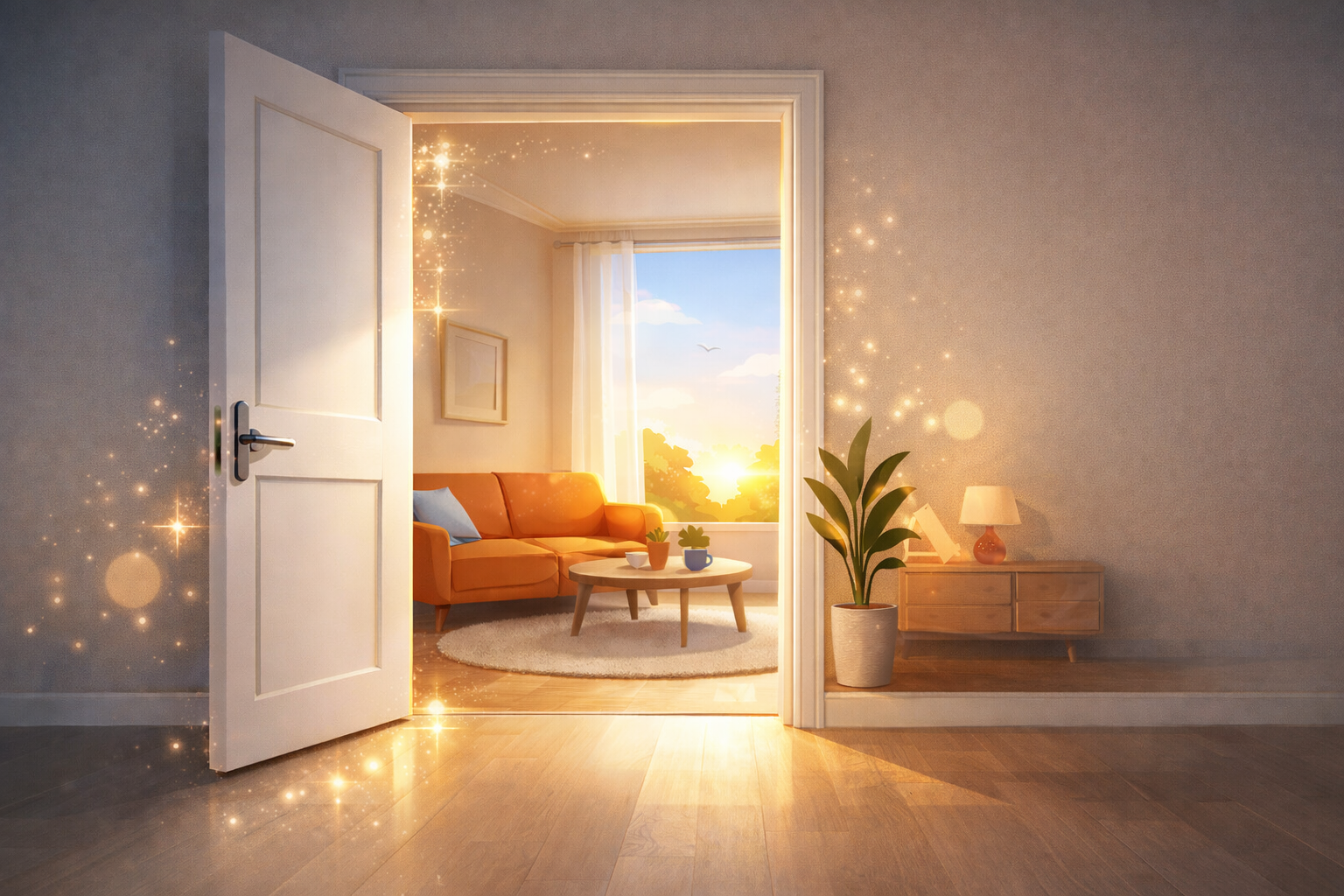 Offene Tür in ein sonniges Wohnzimmer als Symbol für Neuanfang und Selbstständigkeit – ABW Klaßen mit neuer Website online